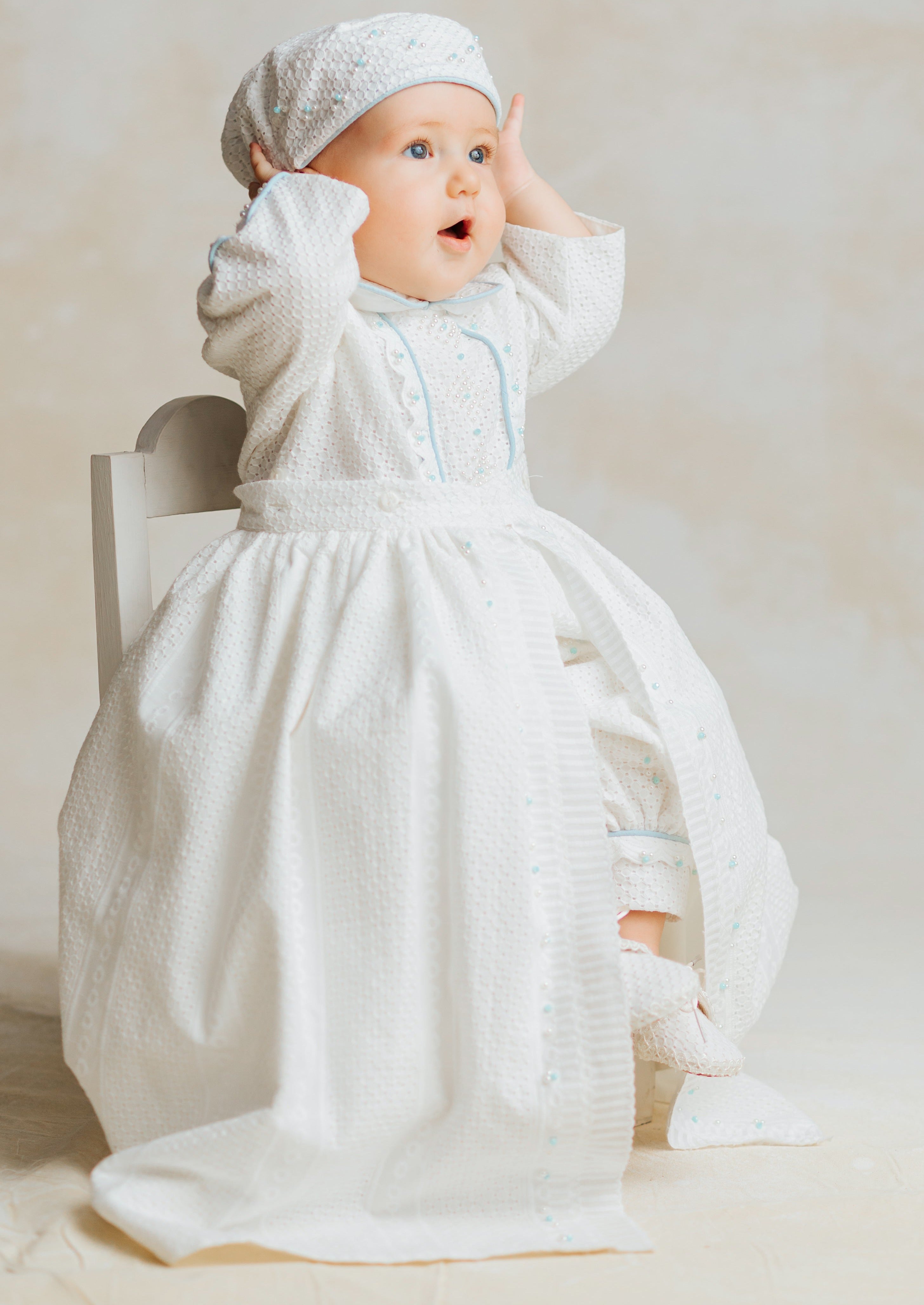 Detachable baptism robe for baby boy white and blue color