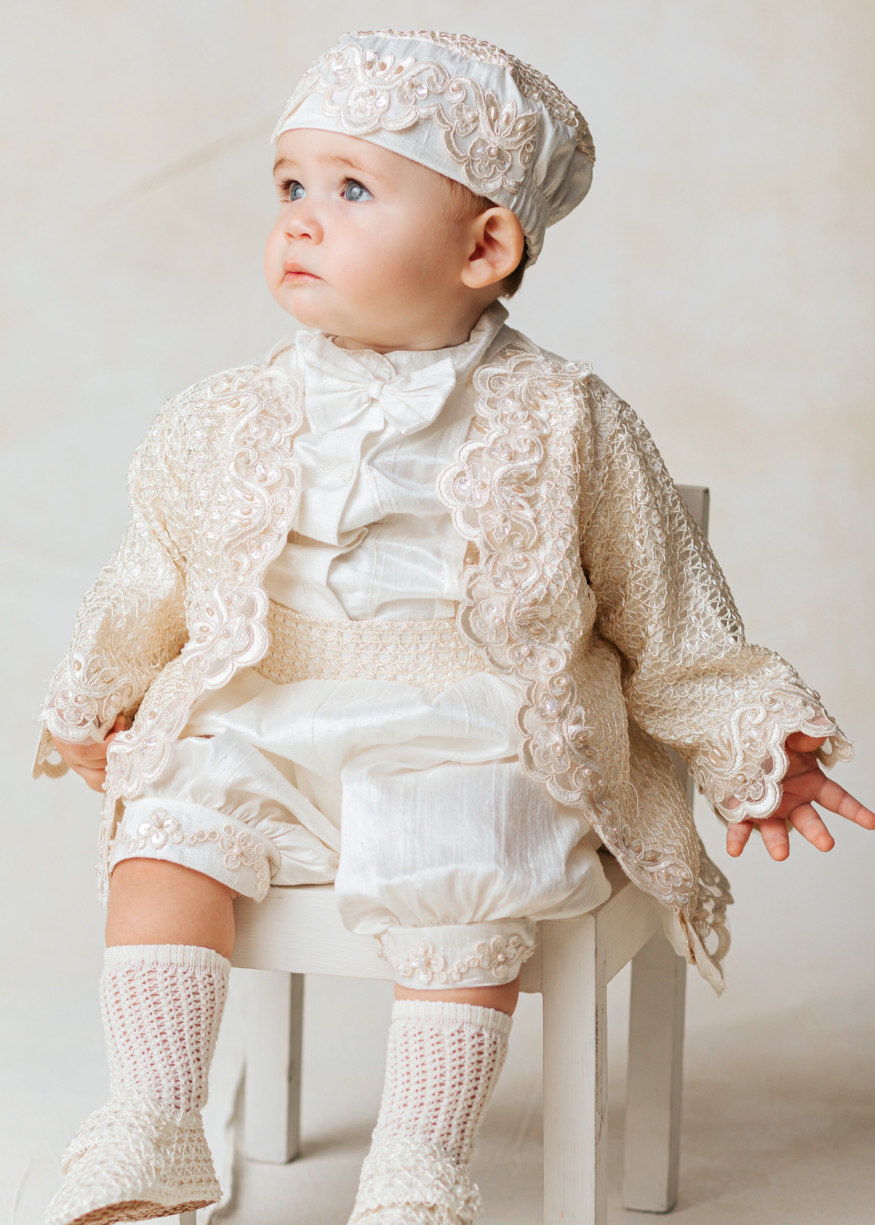 Christening Gown Baby Boy B032| Burbvus Prince Baptism Outfit for Boys 6-12 Months / Beige Christening Gown Baby Boy B032| Burbvus Prince Baptism Outfit for Boys 6-12 Months / Beige