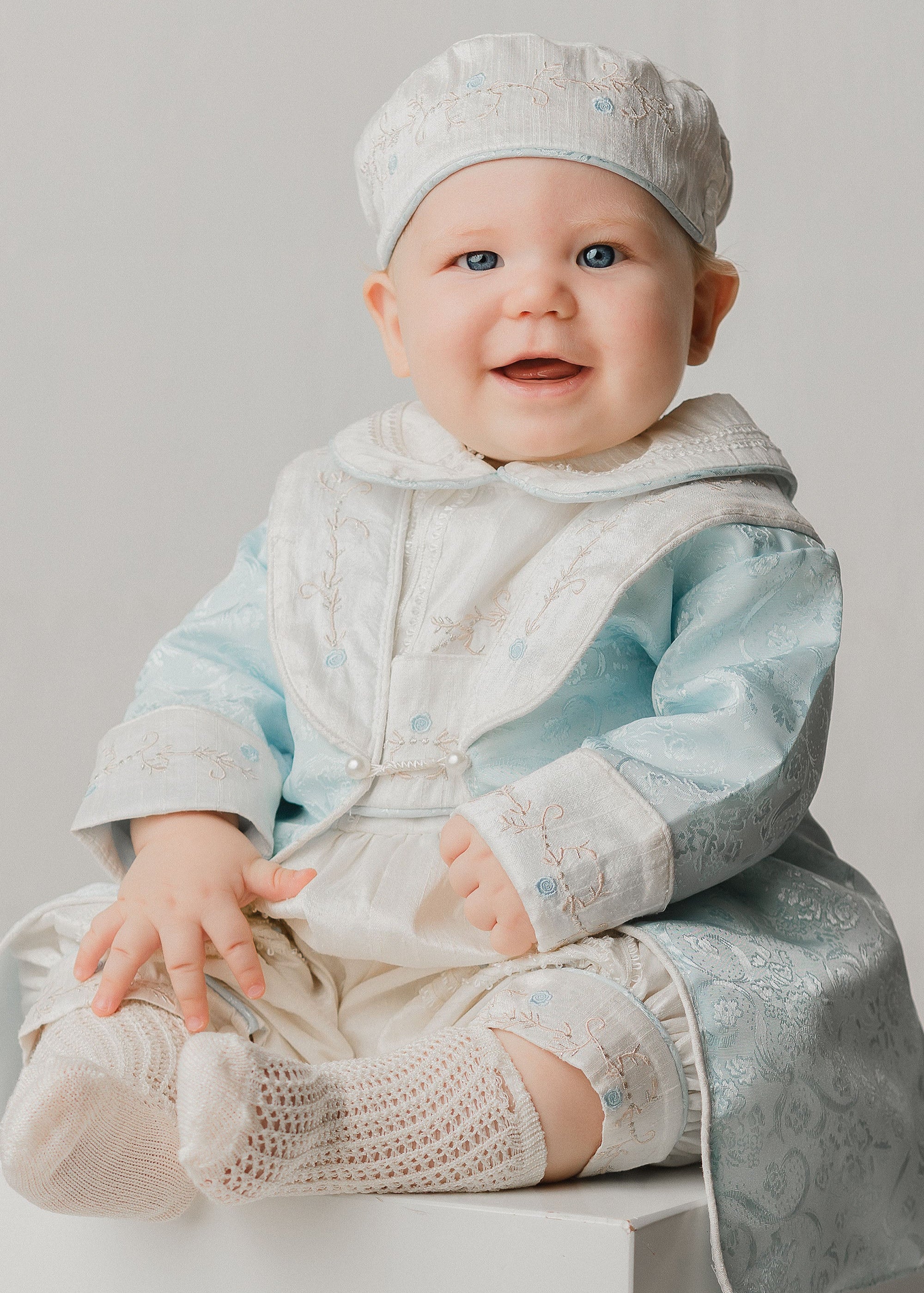 Boys Christening Outfit Light Blue Prince B037, 100% Dupioni Silk 12-24 Months / Beige / Blue Jacket
