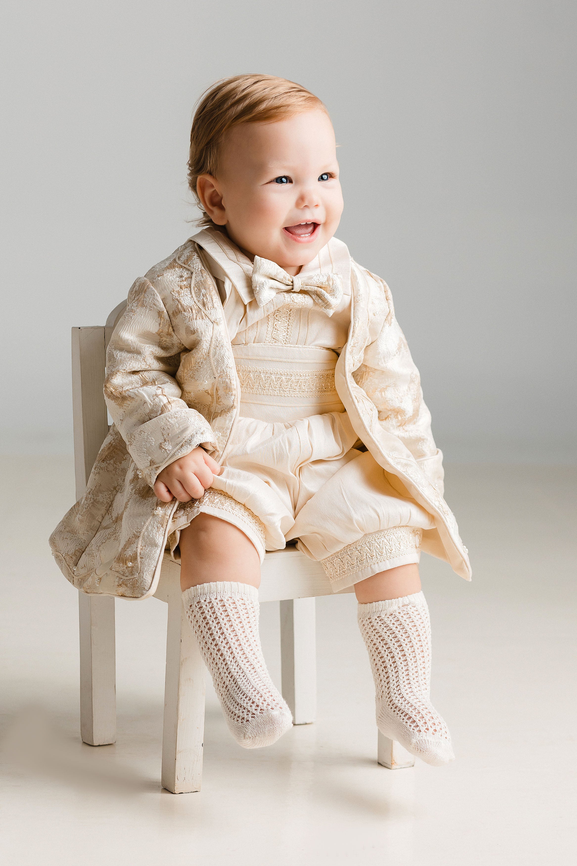 Christening Gown Baby Boy B038| Burbvus Prince Baptism Outfit for Boys 24-36 Months / Ivory/Light Blue