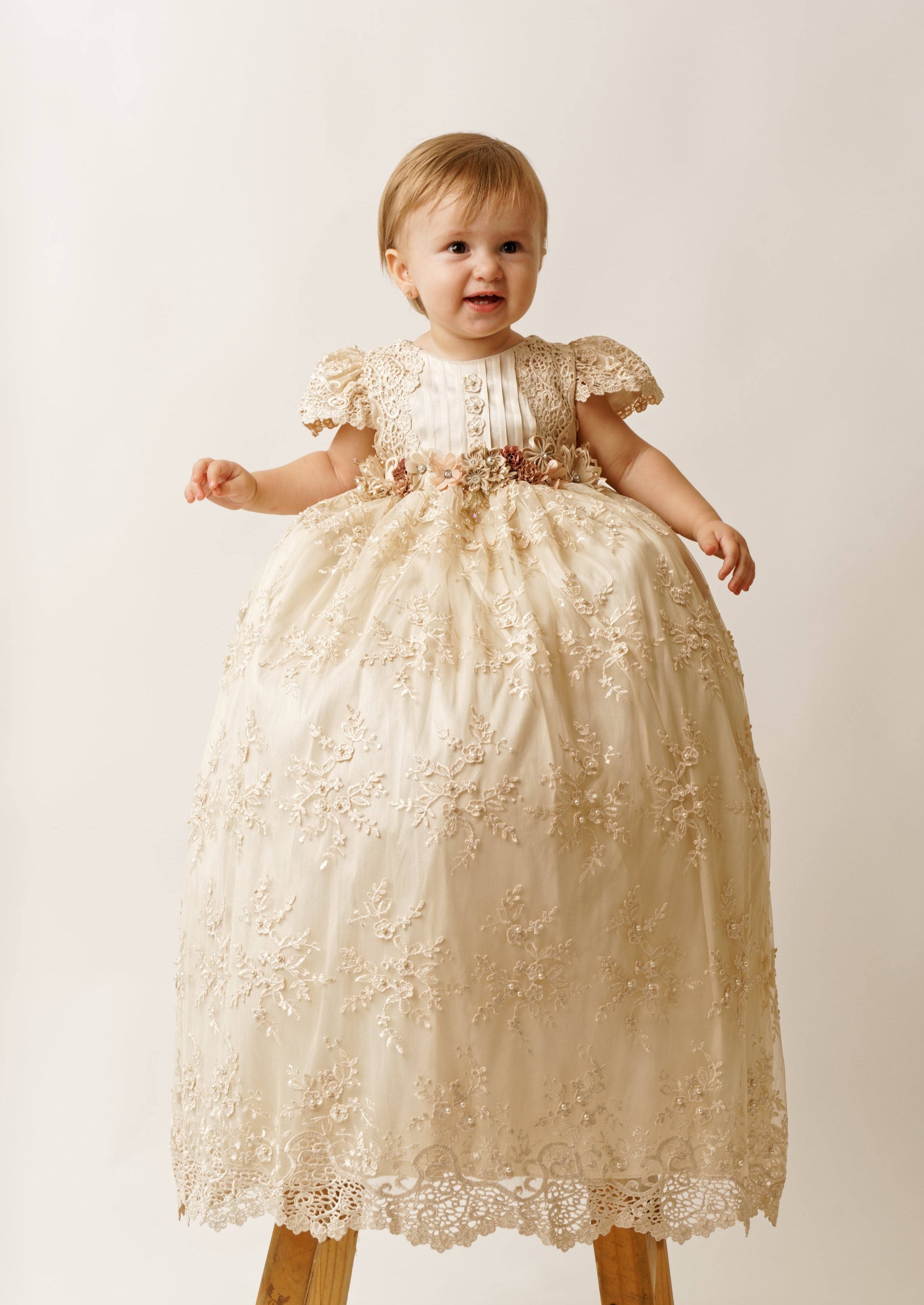 Christening Gowns for Girls G030| Burbvus Lace dress, handmade 0-6 Months / Beige Christening Gowns for Girls G030| Burbvus Lace dress, handmade 0-6 Months / Beige