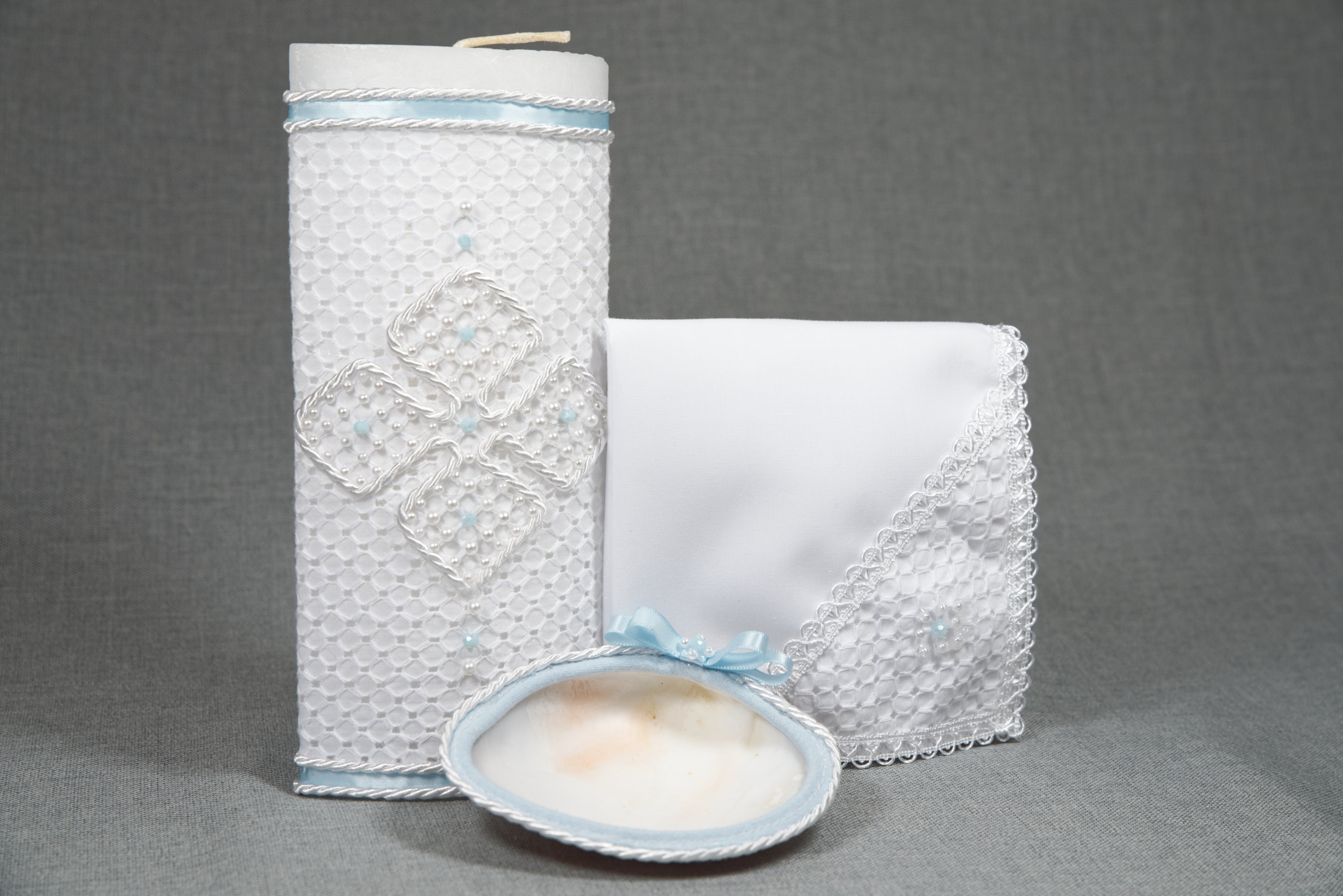 Handmade Baptism Candle Set with shell and hanky