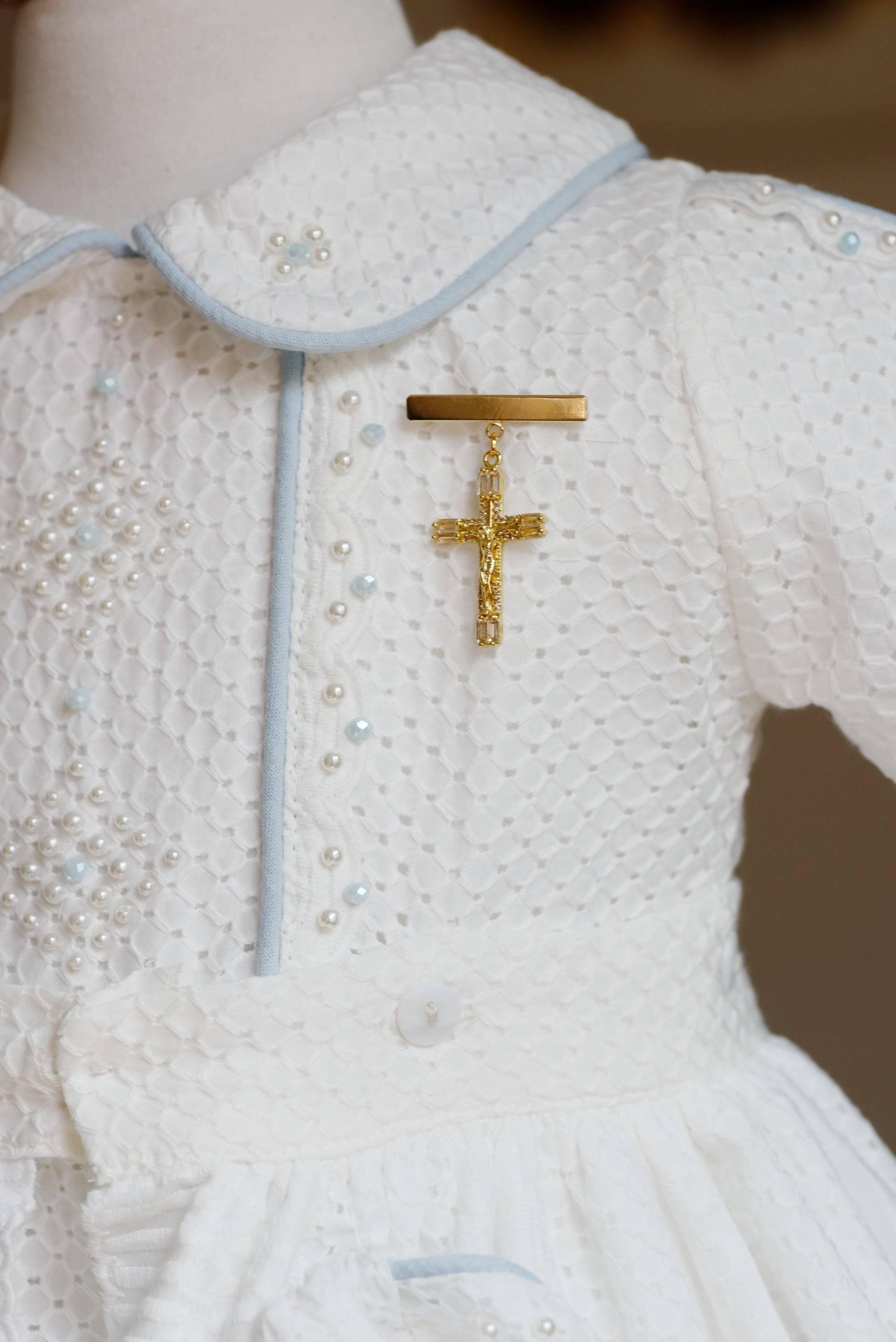 Gold Plated Baptism Bar Pin Crusifix and Chain