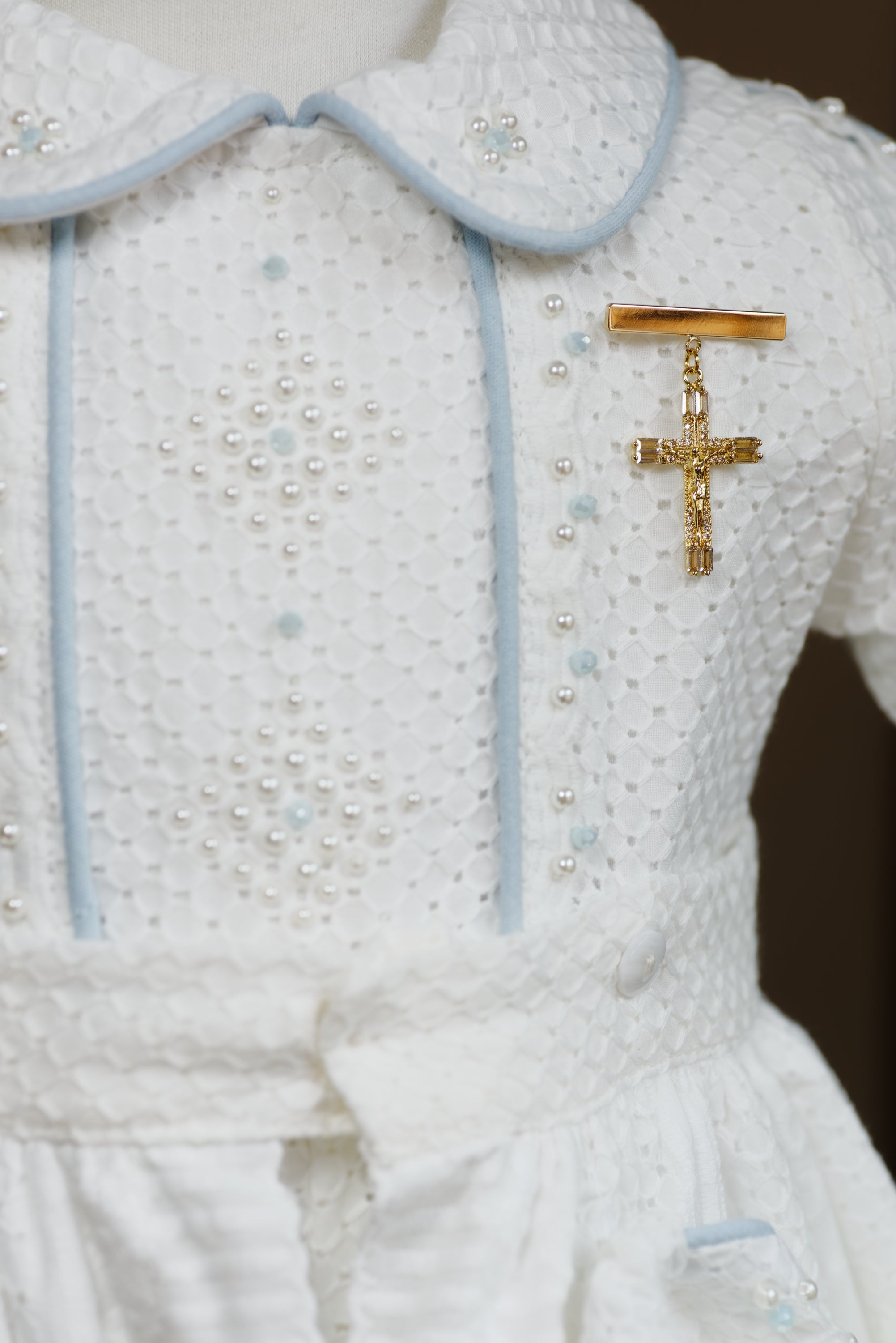 Gold Plated Baptism Bar Pin Crusifix and Chain