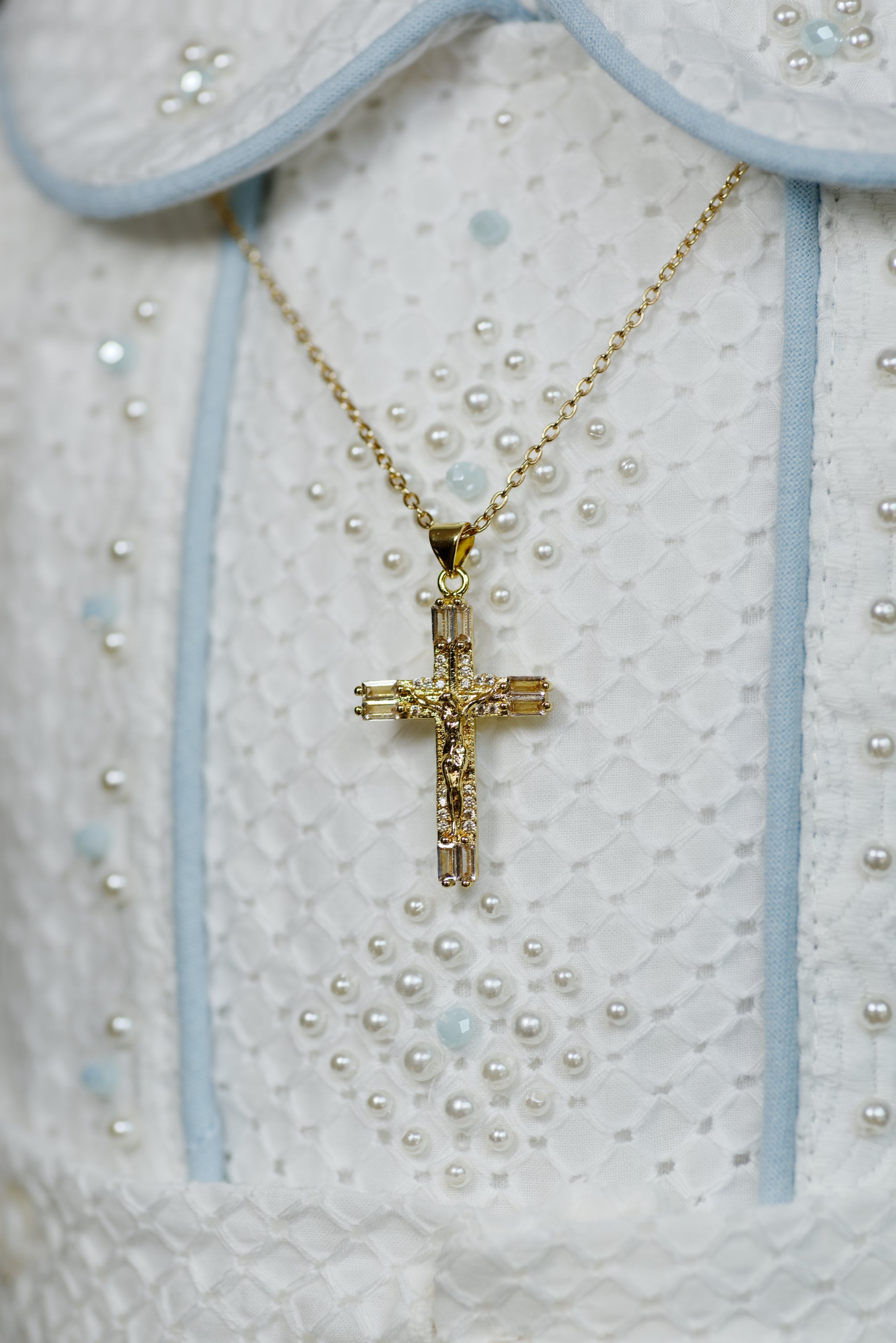 Gold Plated Baptism Bar Pin Crusifix and Chain