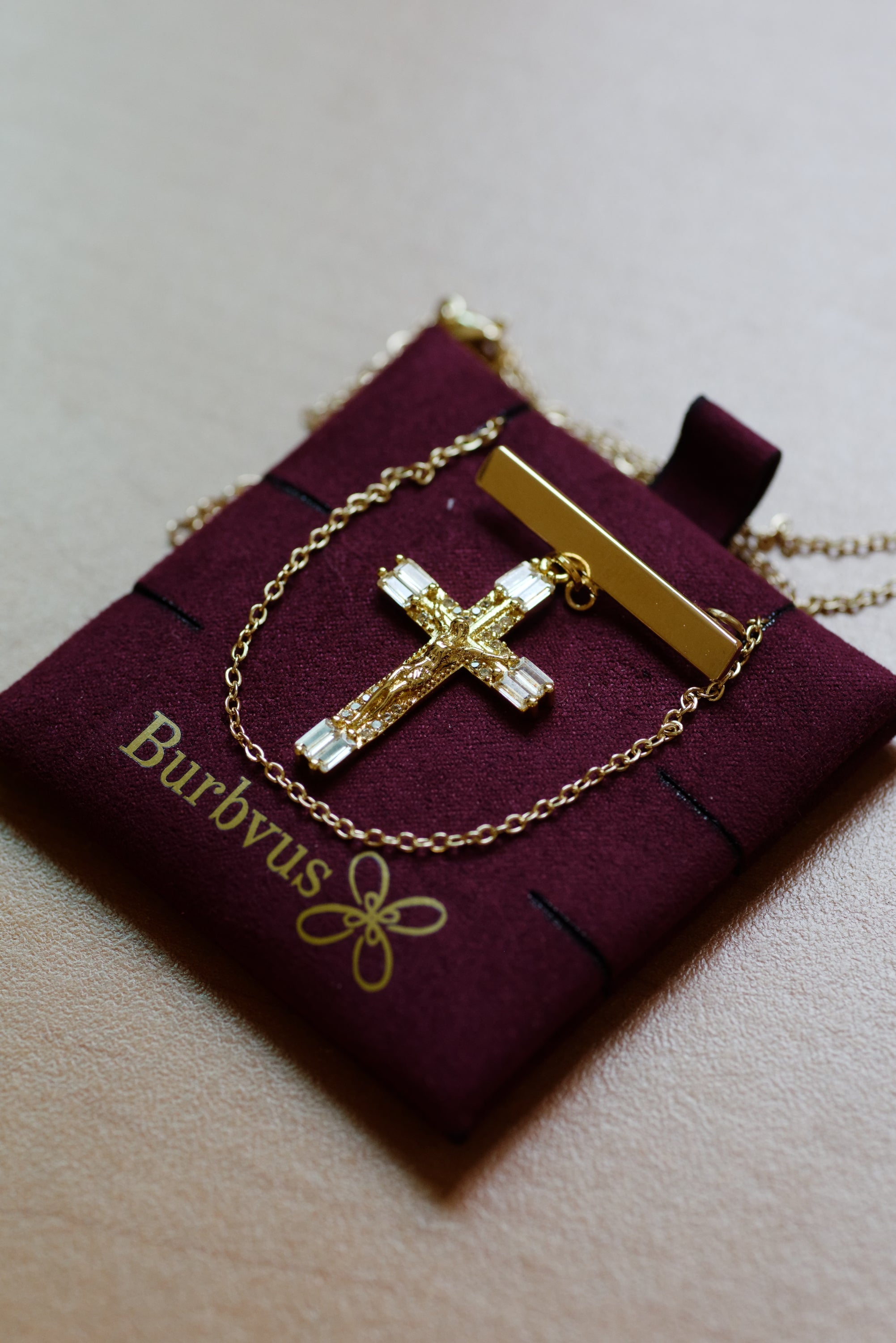 Gold Plated Baptism Bar Pin Crusifix and Chain