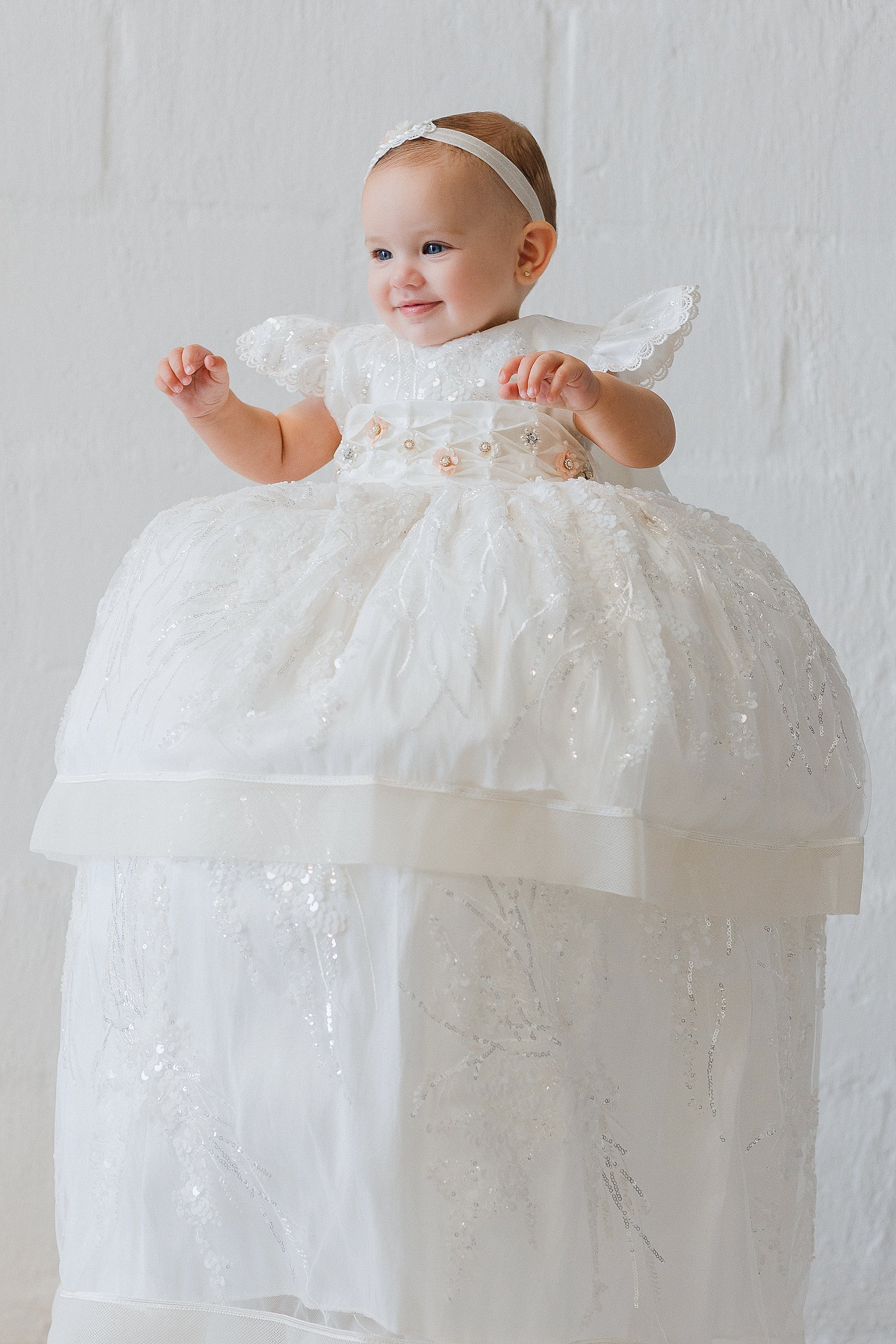 fall baptism dress Juliette Christening Gown & Bonnet at Baby Beau & Belle main image 1