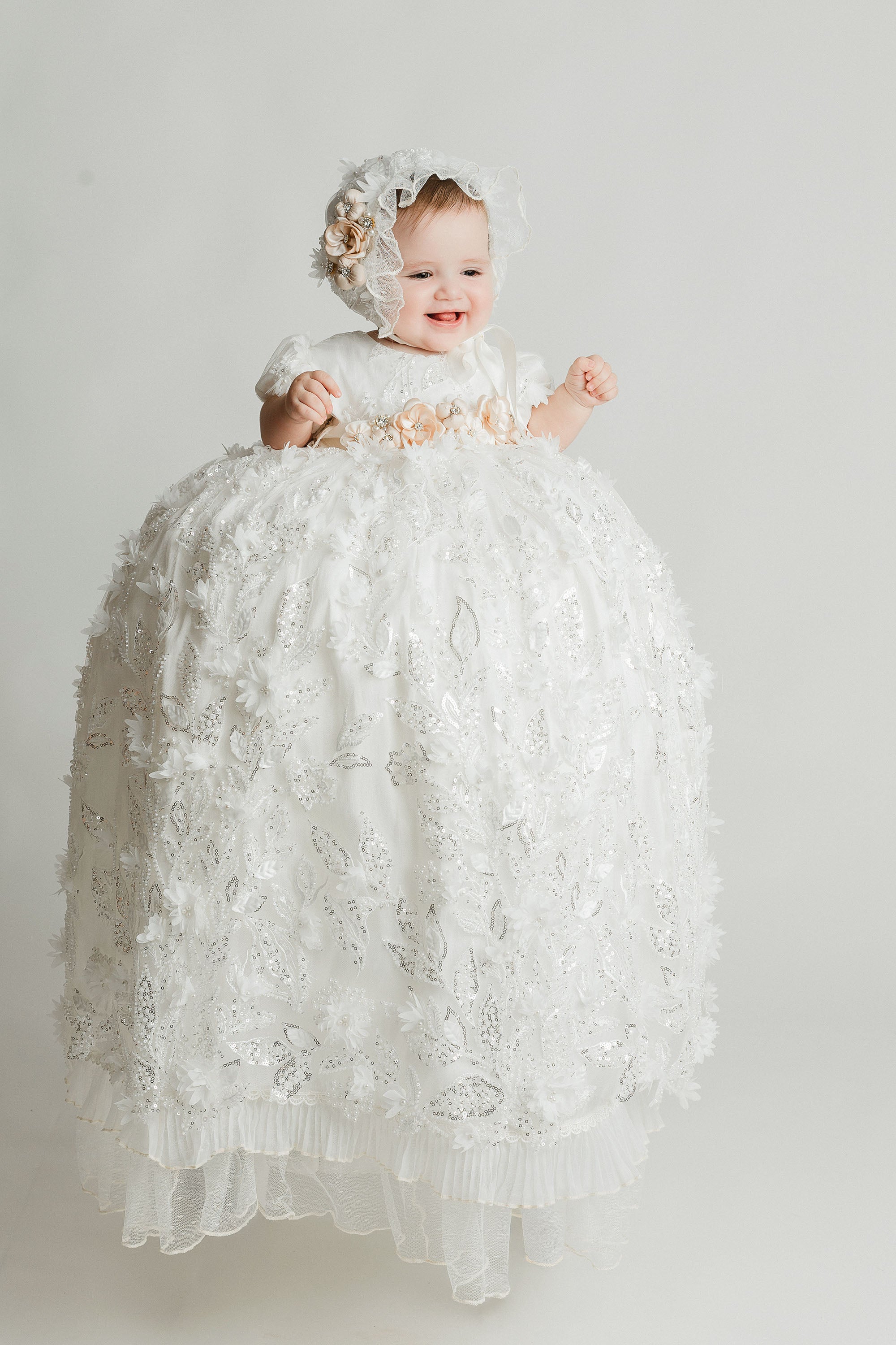 silk baptism dress Vintage Baby Christening Baptism Dress Bonnet Satin Ivory Gown Boutique Newborn