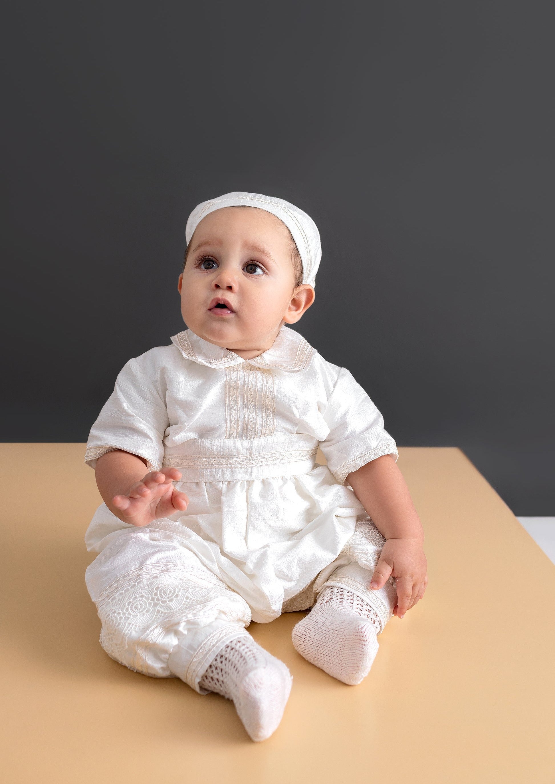 Christening outfit 100% silk matching shoes and beret