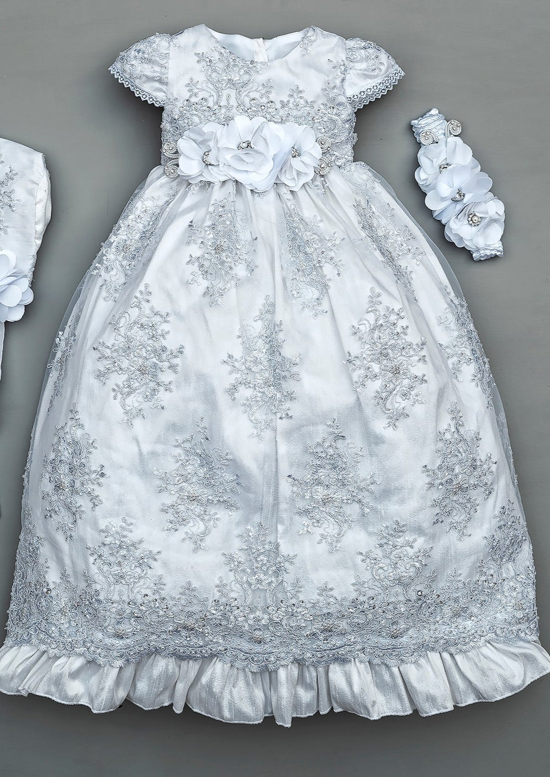 Christenig dress G009 in white, with diadem and traditional bonnet. Baptism/ Christening Burbvus