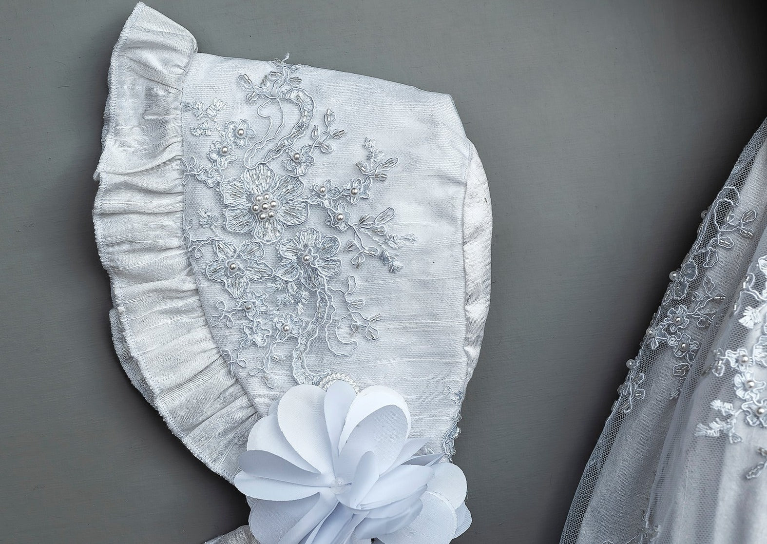 Traditional bonnet hand embroidery for the Baptism dress G009