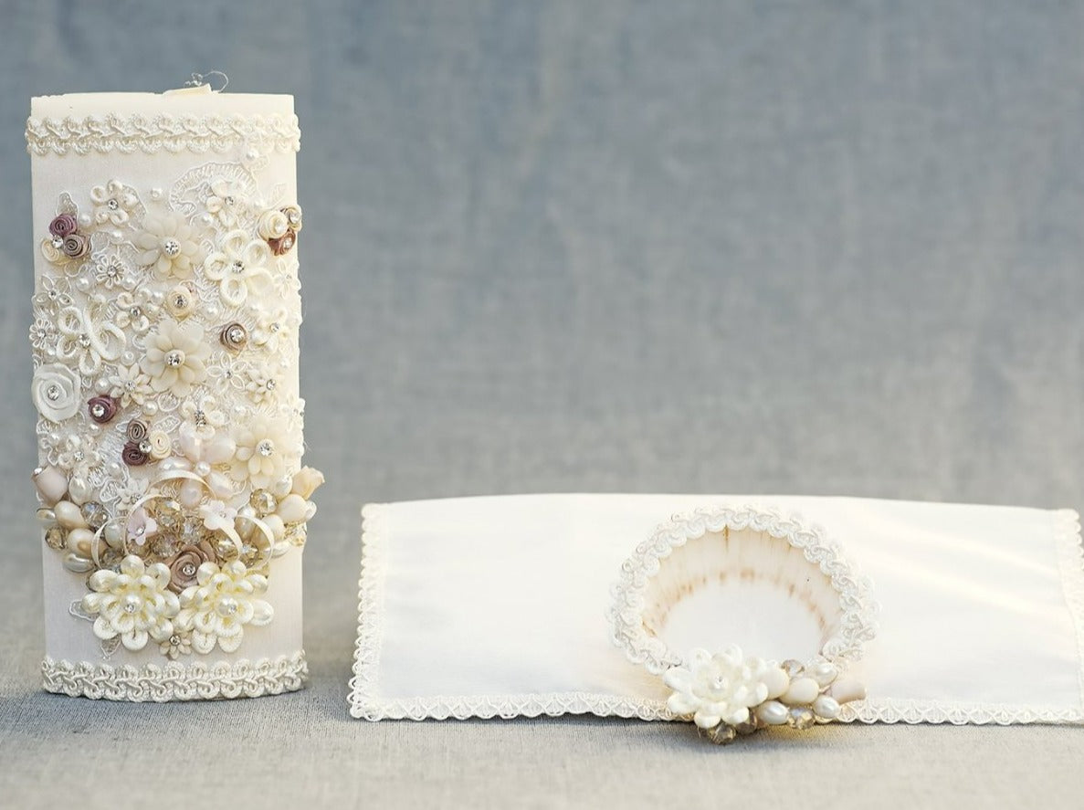 handmade Candle Set Burbvus # 4 decorated candle baptism christening ivory color