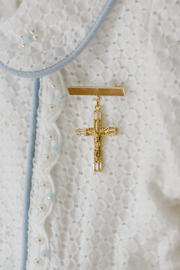 Gold Plated Baptism Bar Pin Crusifix and Chain
