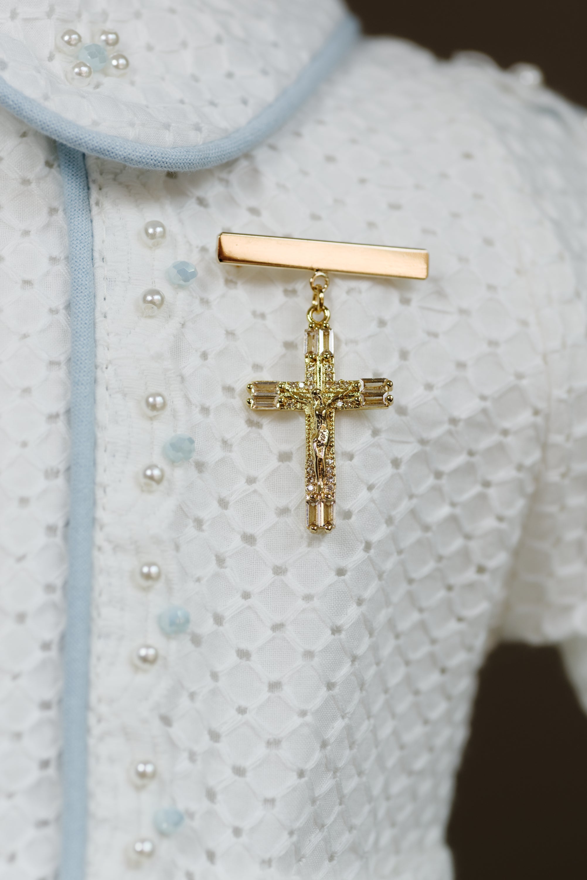 Gold Plated Baptism Bar Pin Crusifix and Chain