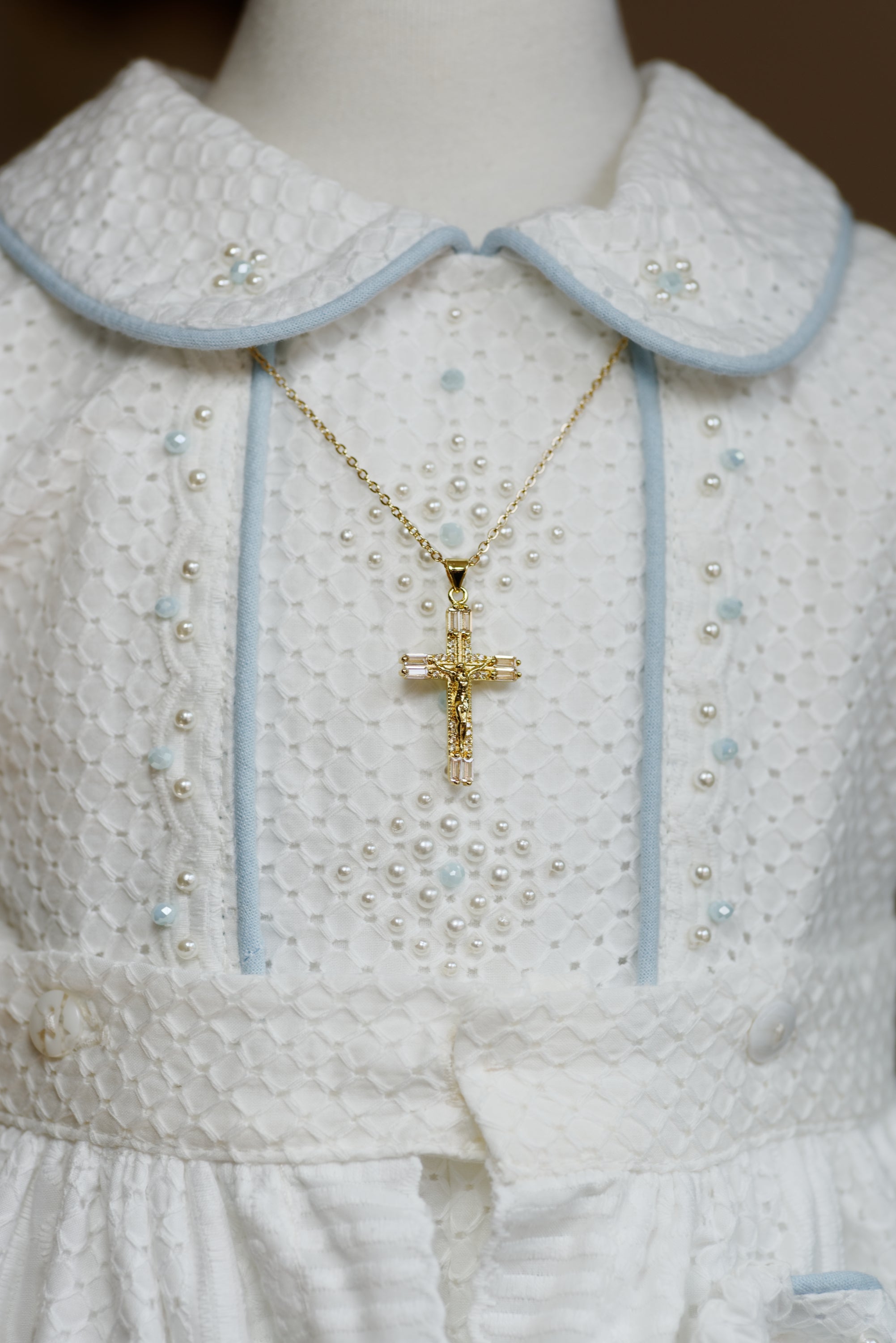 Gold Plated Baptism Bar Pin Crusifix and Chain