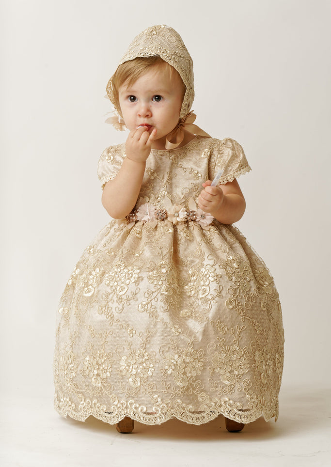 Baptism dress for baby girls gold color Burbvus G032