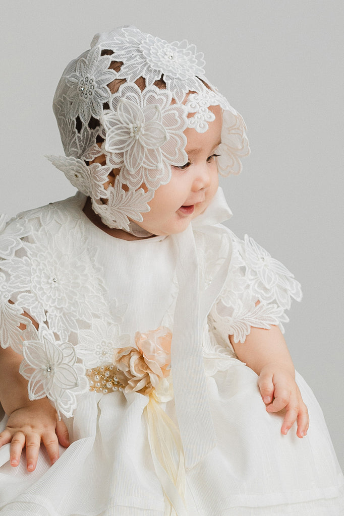 Baby Girl Lace Dress | Heirloom Baptism Dress Extra Long | Christening Outfit, Matching Shoes & Bonnet