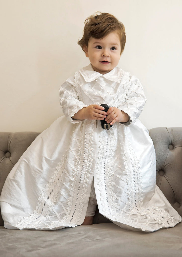 Bernardo on his Christening gown B001 handmade by Burbvus White color heirloom Baptism gown