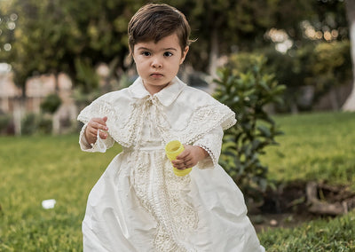 Tadeo wearing our Christening gown B008, in Ivory color 