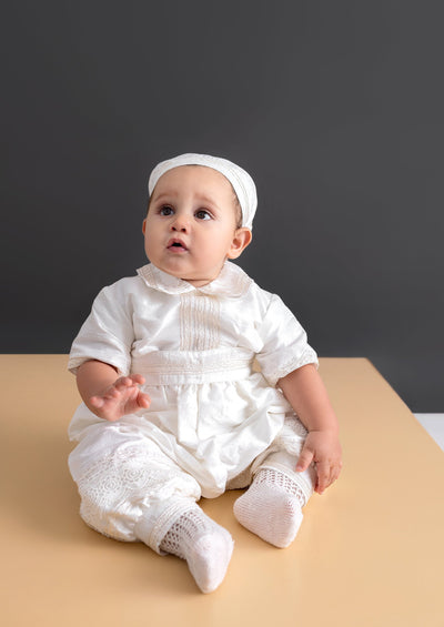 Christening outfit 100% silk matching shoes and beret