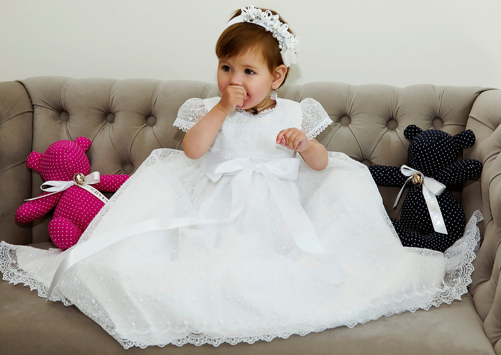 Beautiful Baby wearing our Christening Dress G005 in white with the tiara