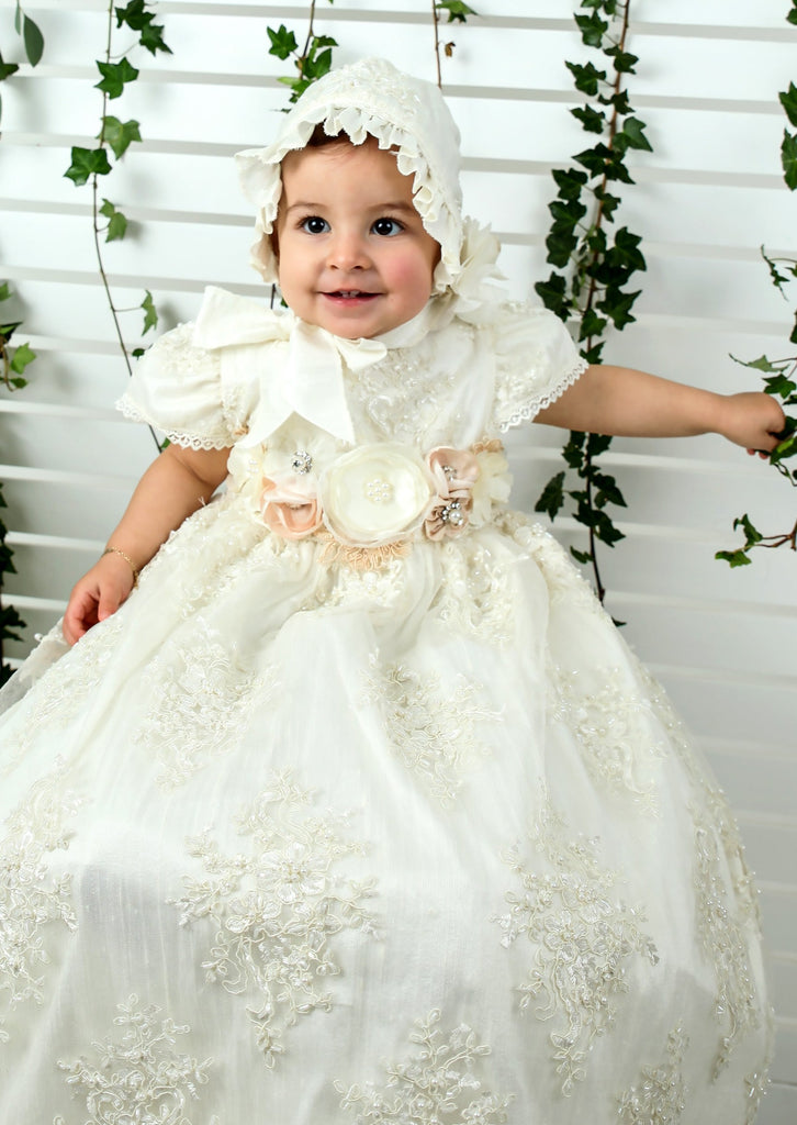 Designer Long Lace Christening Gown in White
