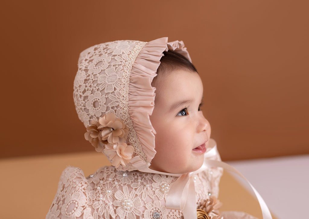 christening gown with lace hat