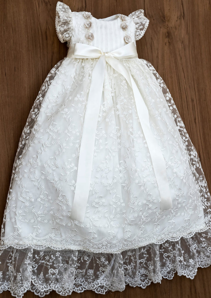 Christening Dress G022 Burbvus White or Ivory Color, Includes Bonnet that matches, Christening Gown Baptism lace dress