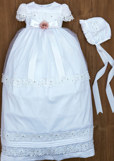 Burbvus Gown G024,  Beautiful Dress, Extra long , Matching Handmade bonnet