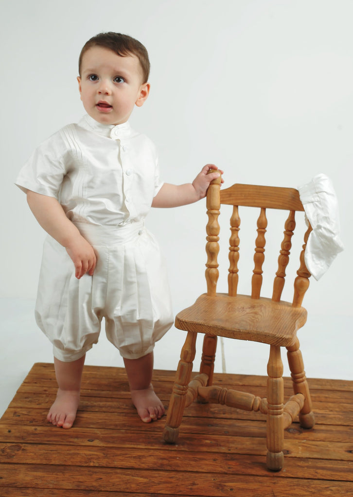 boys christening outfit white 100% silk shorts shirt and hat included