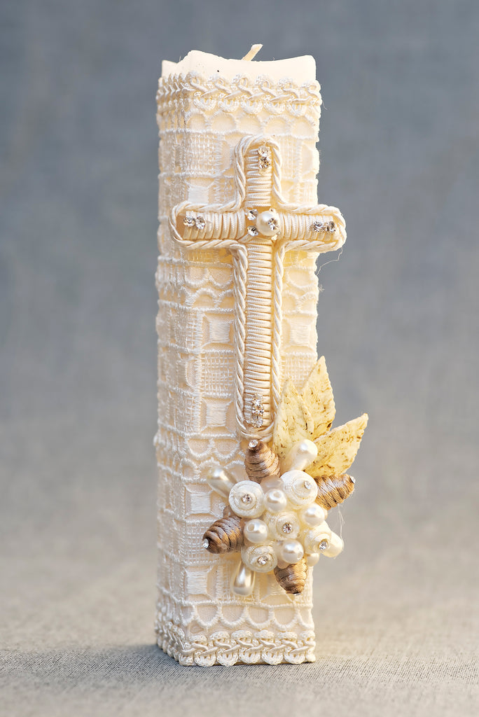 Handembroidered Ivory Baptism candle with cross