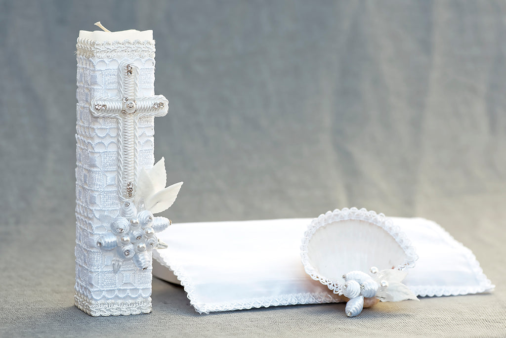White Baptism Candle kit with handsewn cross