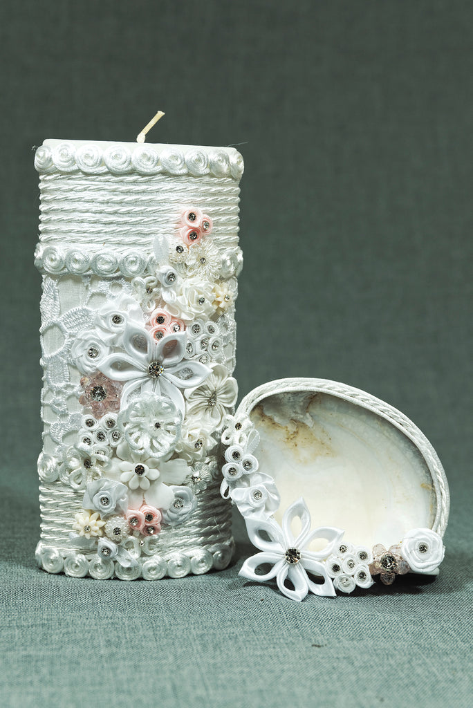 White Candle Kit #14 with natural Shell for Baptism /Christening