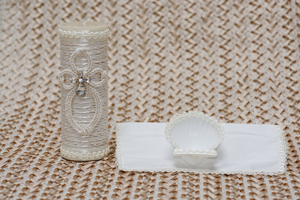 lovely handmade candle set includes shell, hanky and candle